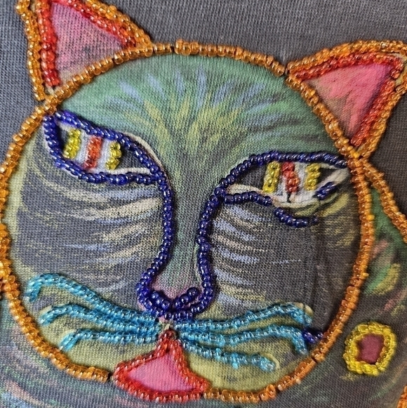 Retro Y2K one of a kind hand beaded cat t-shirt XL - Picture 2 of 8